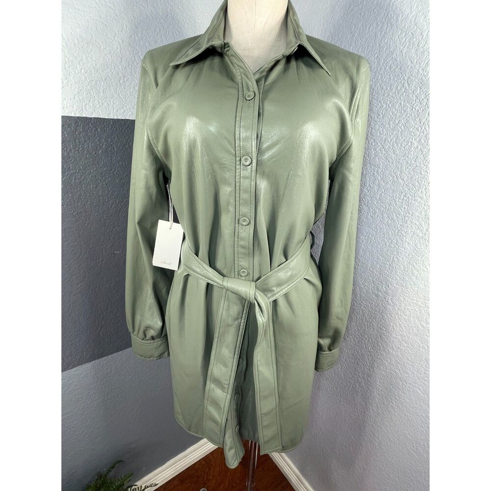 NWT Wilfred Caroline Vegan Leather Belted Shirt Dress S Sage Green Aritzia Layer